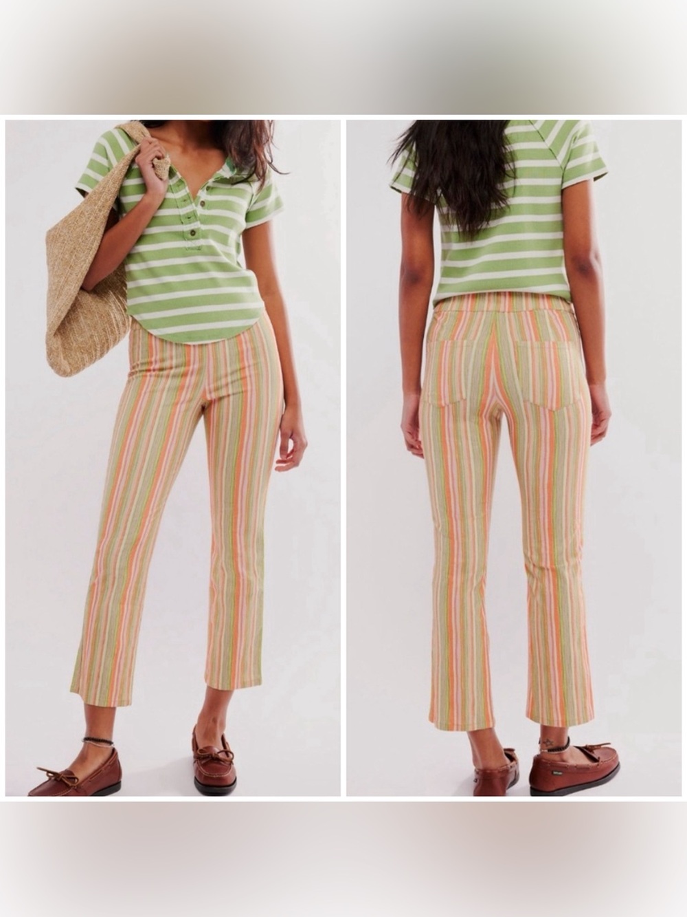 NWOT Free People In My Feelings Stripe Slim Flare Crop Pants - green combo - S